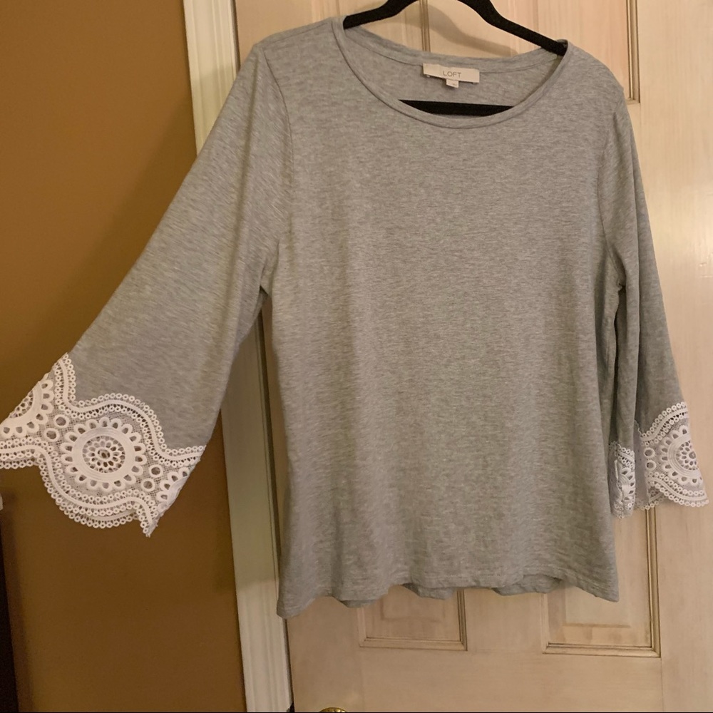 LOFT gray long sleeve with lace trimmings